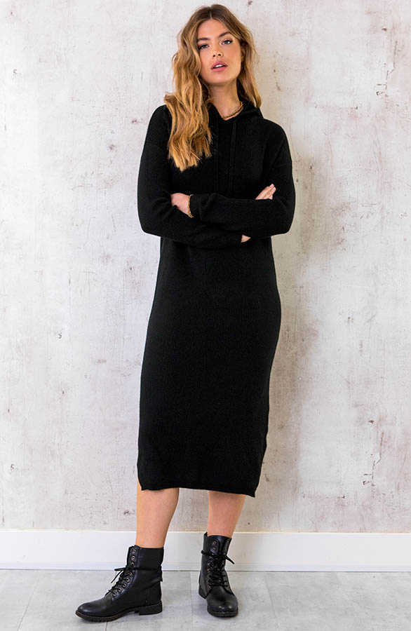 Midi Jurk Met Capuchon Zwart