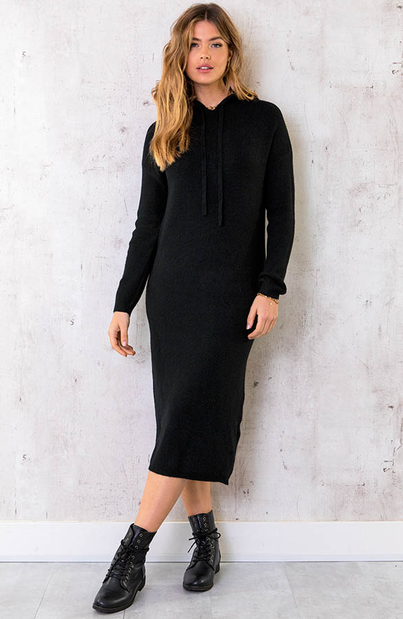 Midi-Jurk-Met-Capuchon-Zwart-5