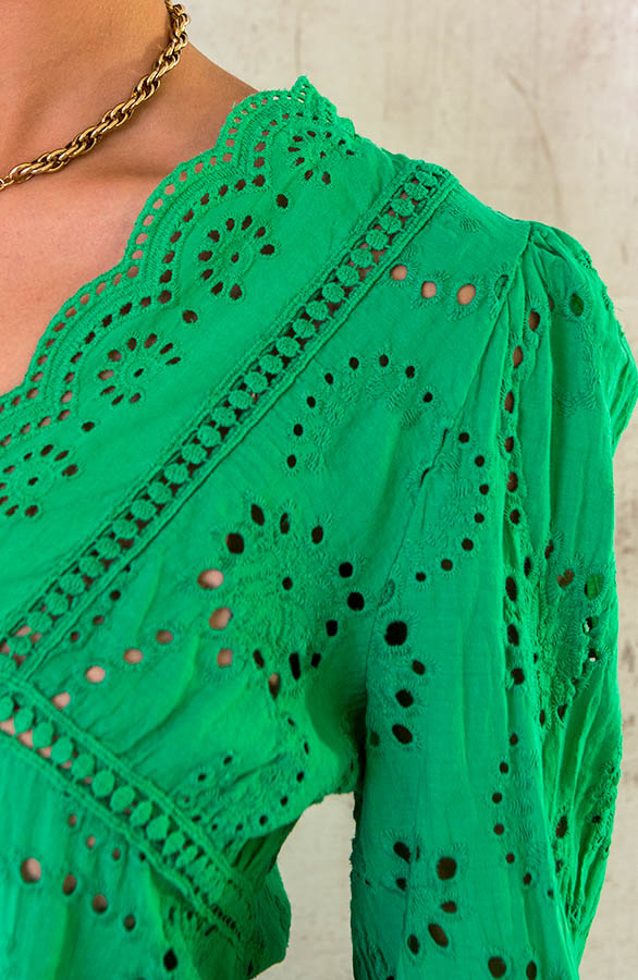 Katoenen-V-hals-Blouse-Embroidery-Bright-Green-4