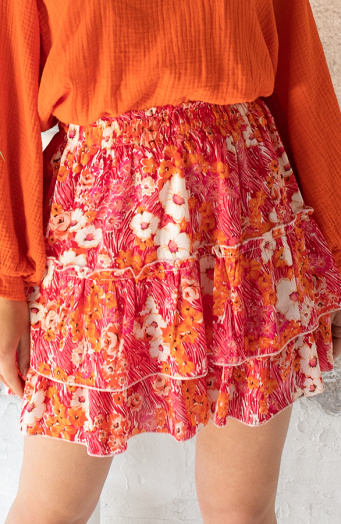 Layer Print Skirt Flower Fuchsia