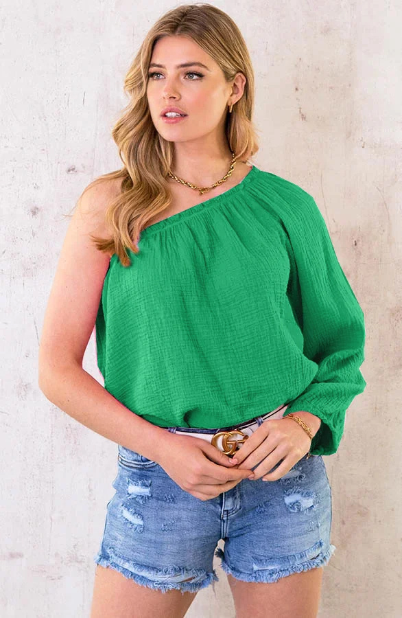 One-Shoulder-Mousseline-Oversized-Top-Bright-Green4