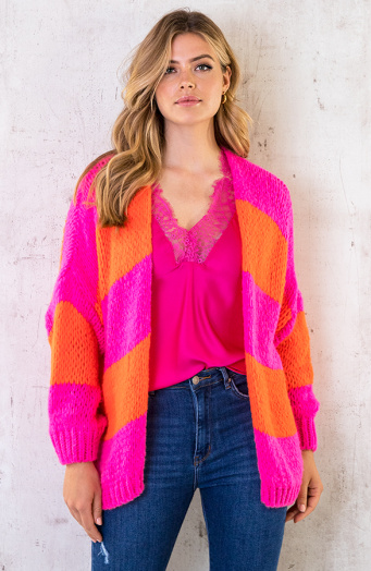 Oversized Knitted Strepen Vest Fluor Roze Oranje