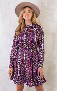 Jurk-Met-Strik-In-Taille-Print-Paars-13