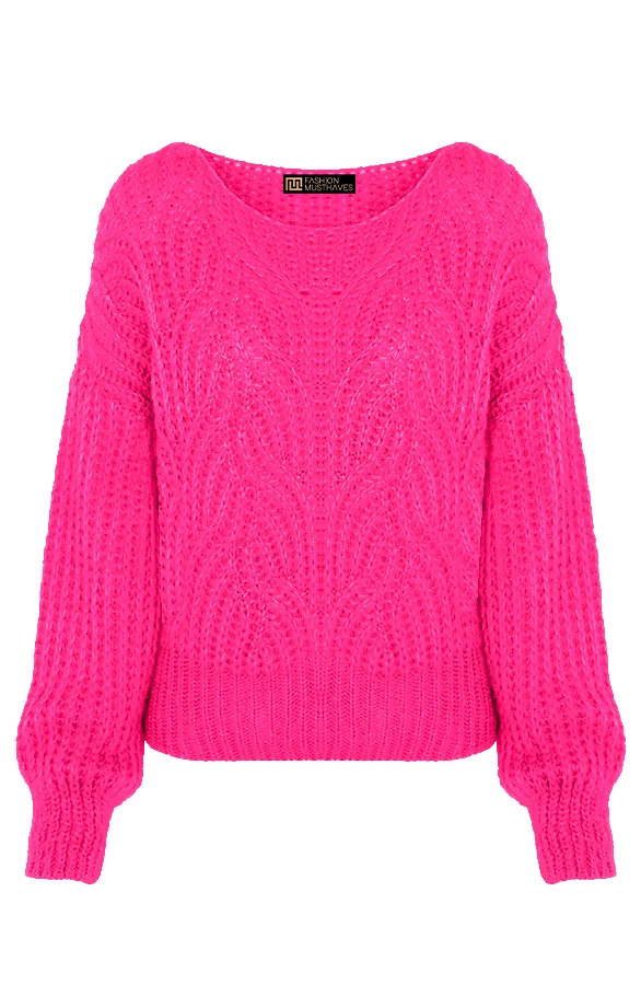 Gebreide-Boothals-Trui-Neon-Fuchsia