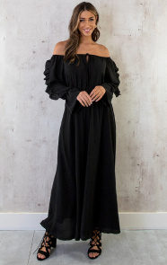 Maxi-Off-Shoulder-Ruffle-Jurk-Zwart-1-1