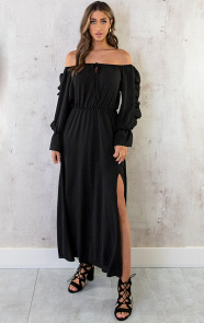 Maxi-Off-Shoulder-Ruffle-Jurk-Zwart-2