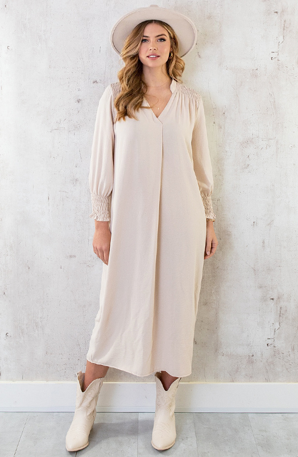 Maxi-V-Hals-Jurk-Beige-7