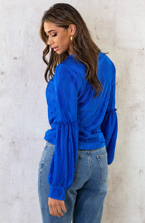 Plisse-Blouse-Met-Ruches-Mouw-Kobalt-3