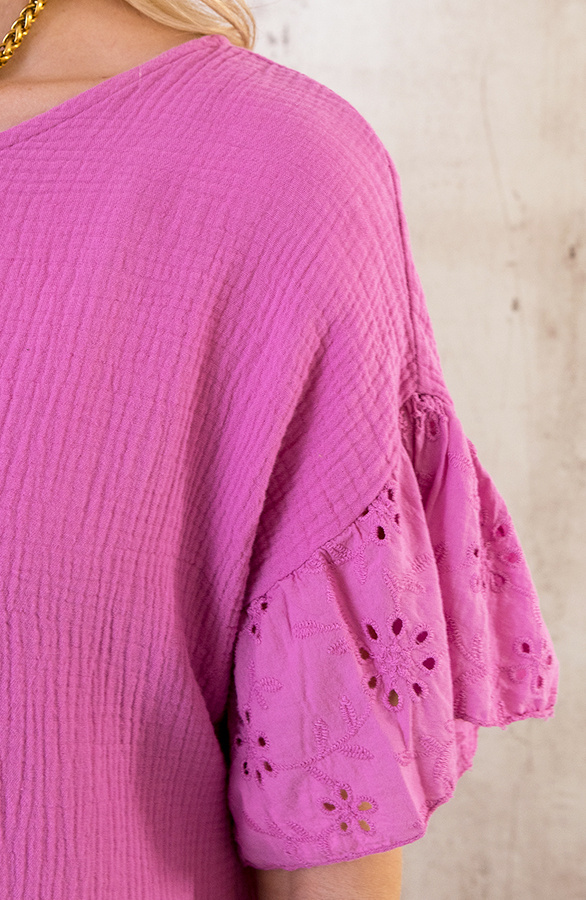 Mousseline Embroidery Oversized Jurk Roze Fashionmusthaves.nl