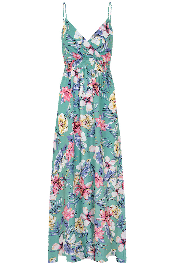 Spaghetti-Maxi-Jurk-Bloemen-Palm-Mint