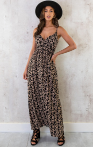 Spaghetti-Maxi-Jurk-Print-Camel-Zwart-2