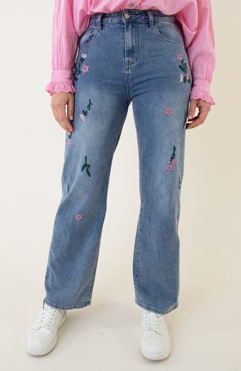 Embroidery High Waist Flower Jeans Straight