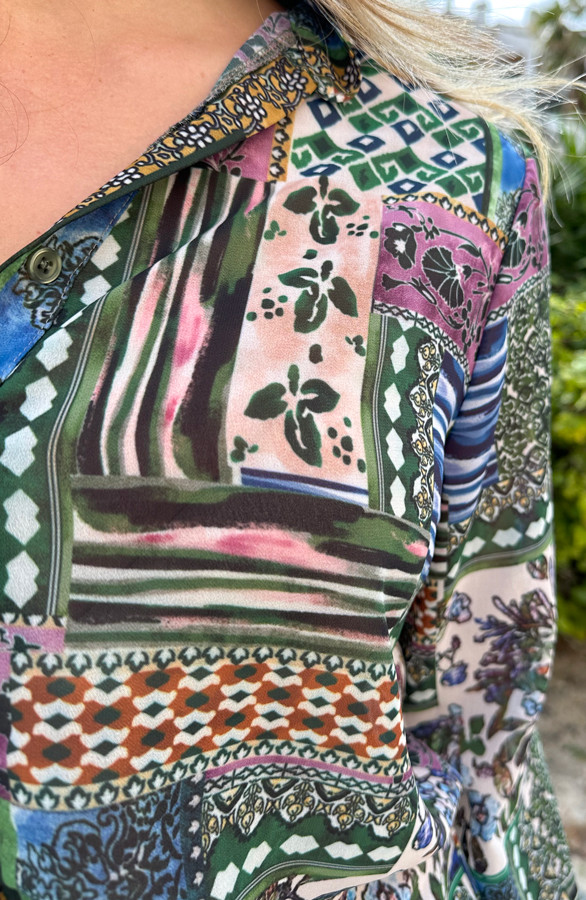 Linen Patchwork Military Smock Blouse