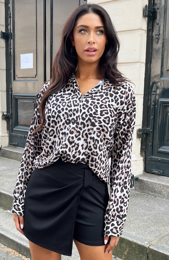 Exotic Leopard Flower Patchwork Print Button Down Oversized Blouse