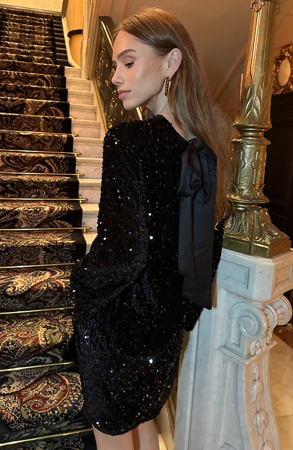 One Shoulder Zwart Pailletten Jurkje Long Sleeve Pailletten Jurk