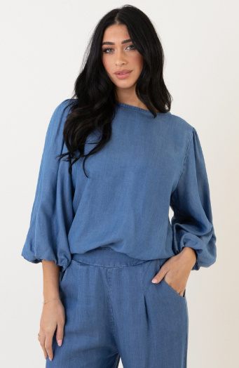 Denim Blouse Met Pofmouw