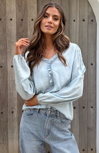 Denim Ruffle Blouse Light Blue