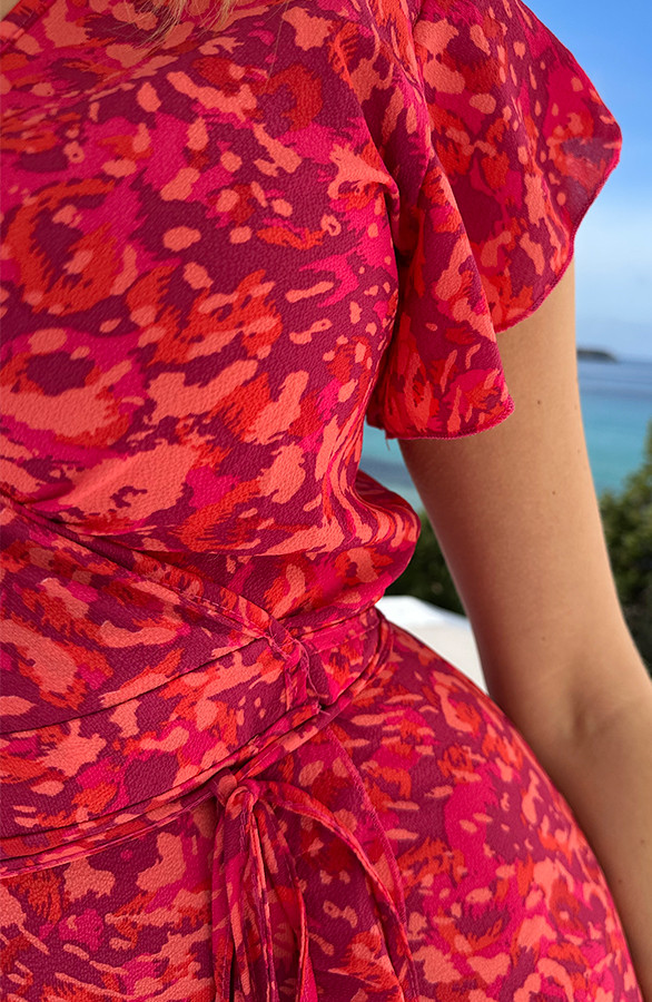 Leopard-Jurk-Midi-Fuchsia-Koraal