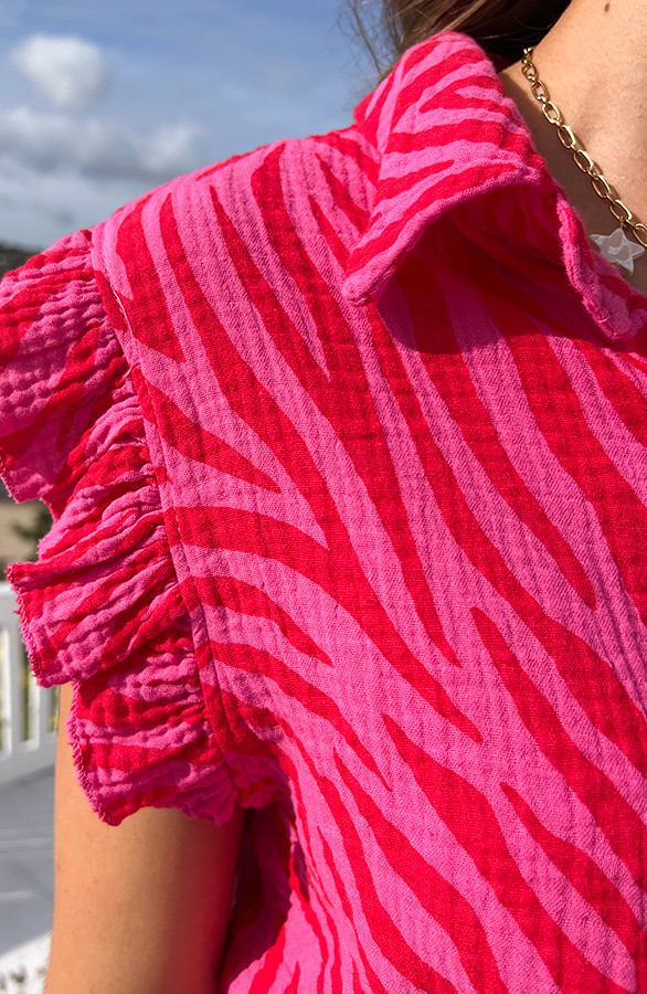 Mousseline-Zebra-Print-Ruffle-Top-Roze-