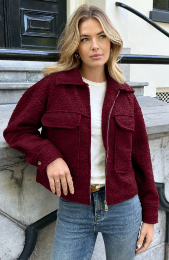 Boucle Jacket Met Rits Burgundy