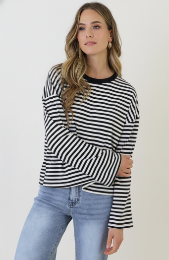 Oversized Strepen Top Katoen Black Off White