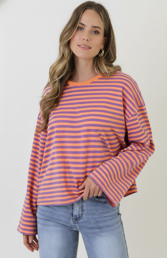 Oversized Strepen Top Katoen Lila Orange