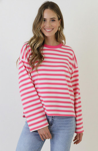Oversized Strepen Top Viscose Fuchsia