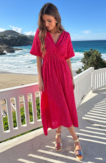 Maxi Jurk Mousseline Leopard Fuchsia Red