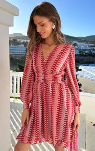 Smocked-Waistband-Lurex-Jurk-Roze-Rood-5