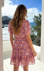 V-hals-Ruffle-Jurk-Lila-Oranje-8