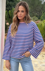Oversized-Strepen-Top-Katoen-Kobalt-Roze-556-3