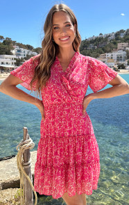 V-hals-Ruffle-Jurk-Print-Roze-66