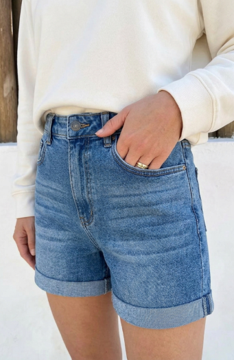 Denim Short Mom Fit Mid Blue Stretch FMH