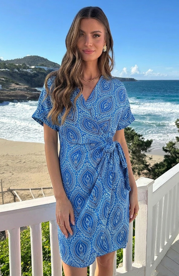 Wrap-Jurk-Print-Kobalt