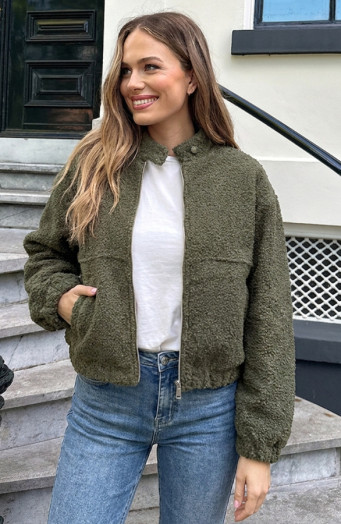 Boucle Bomber Coat Met Rits Army